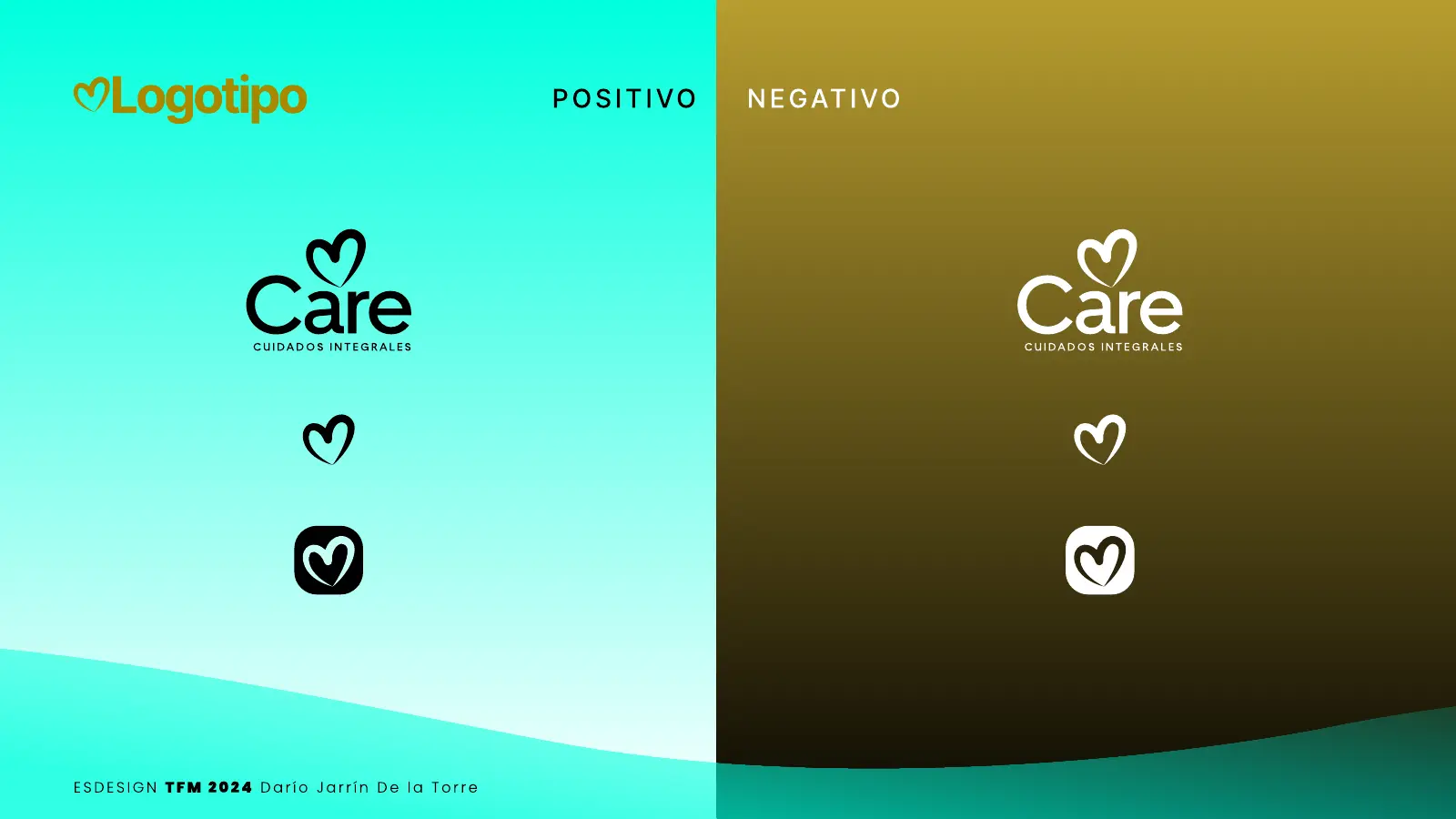 Logotipo de CARE, Cuidados Integrales, con corazón turquesa y letras doradas