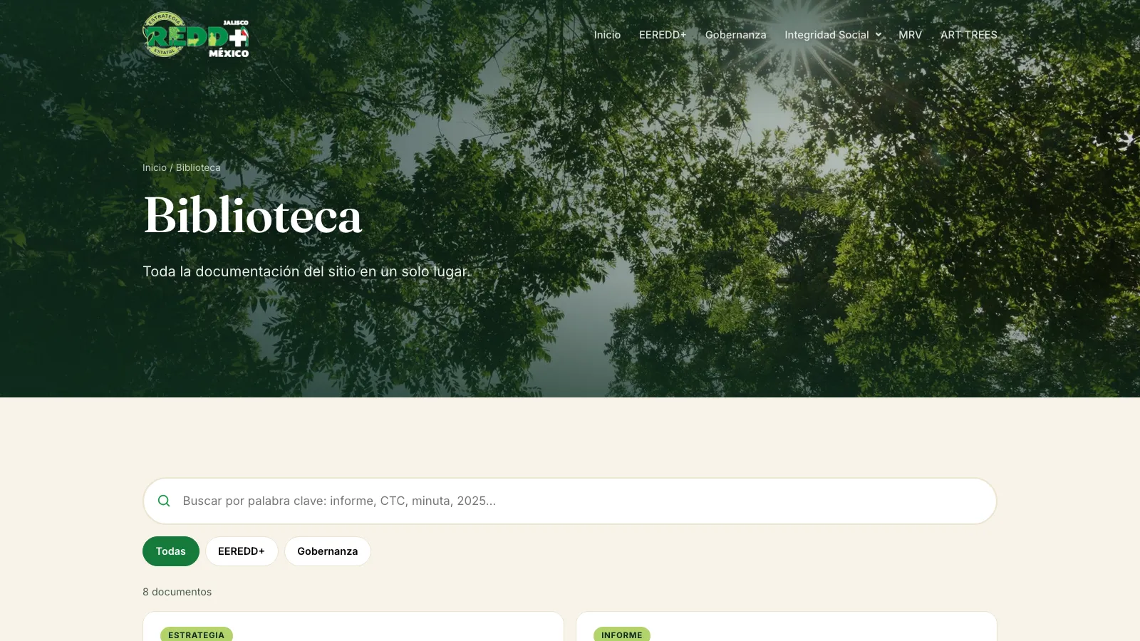Biblioteca de documentos oficiales con buscador y filtros por componente