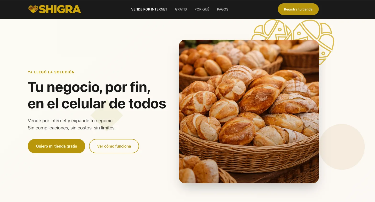 Pantalla de inicio de SHIGRA, plataforma de tiendas digitales para negocios de barrio