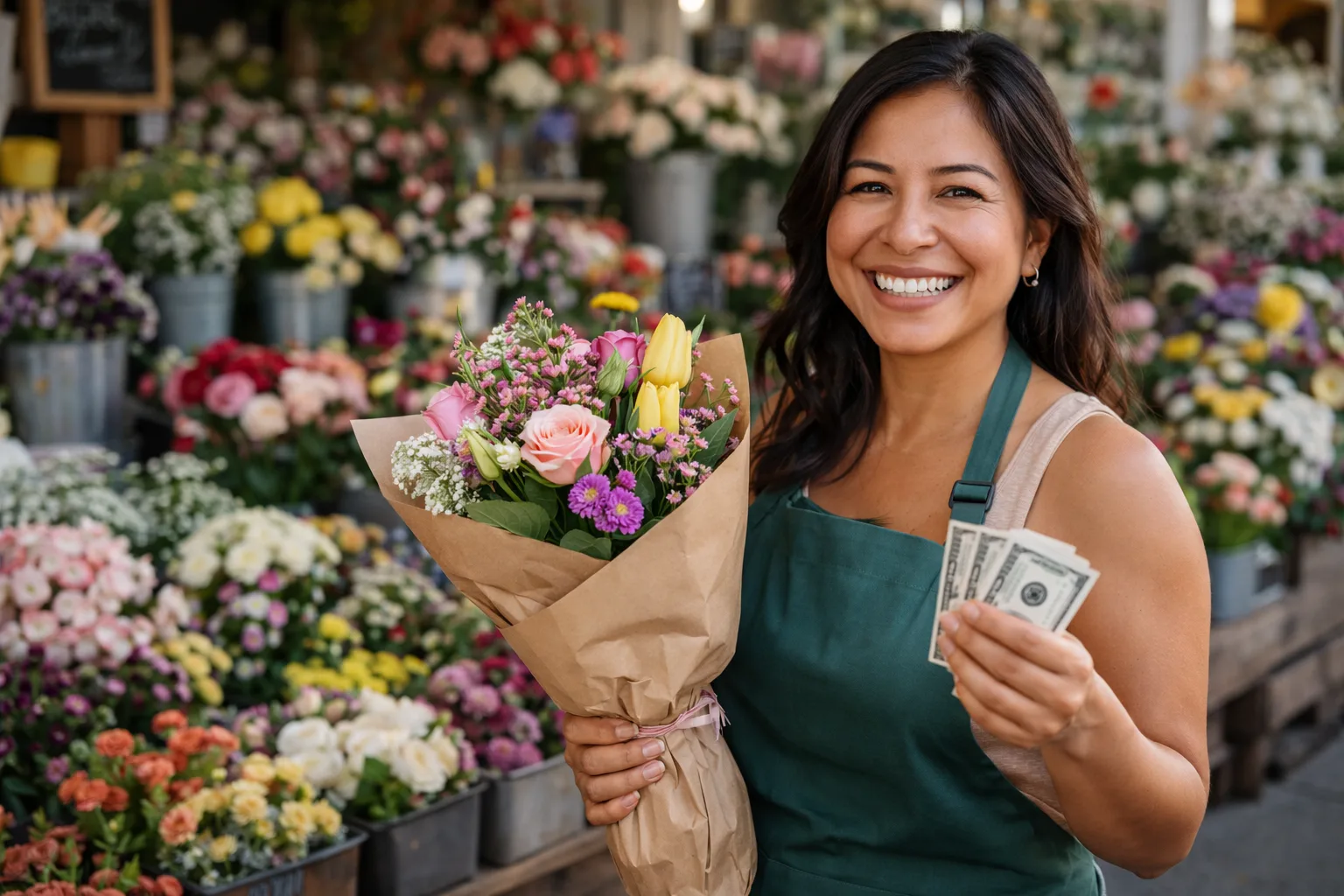 Vendedora de flores sonriente recibiendo el pago de una venta