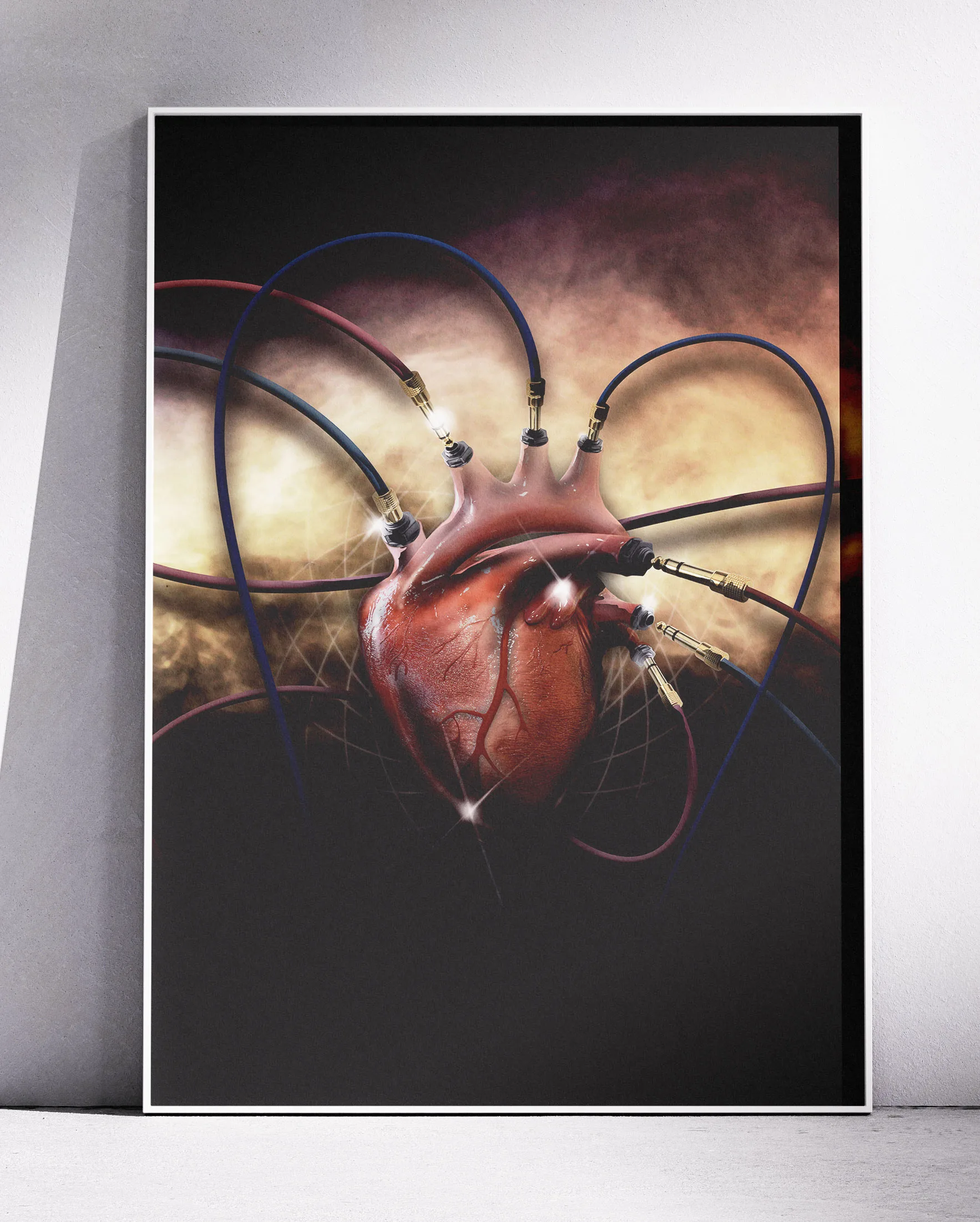 Cartel ilustrado de un corazón conectado con cables de audio