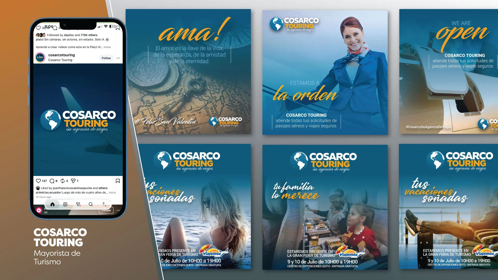 Posts de Instagram para Cosarco Touring, agencia de viajes en Quito, con campañas de temporada y feria de turismo