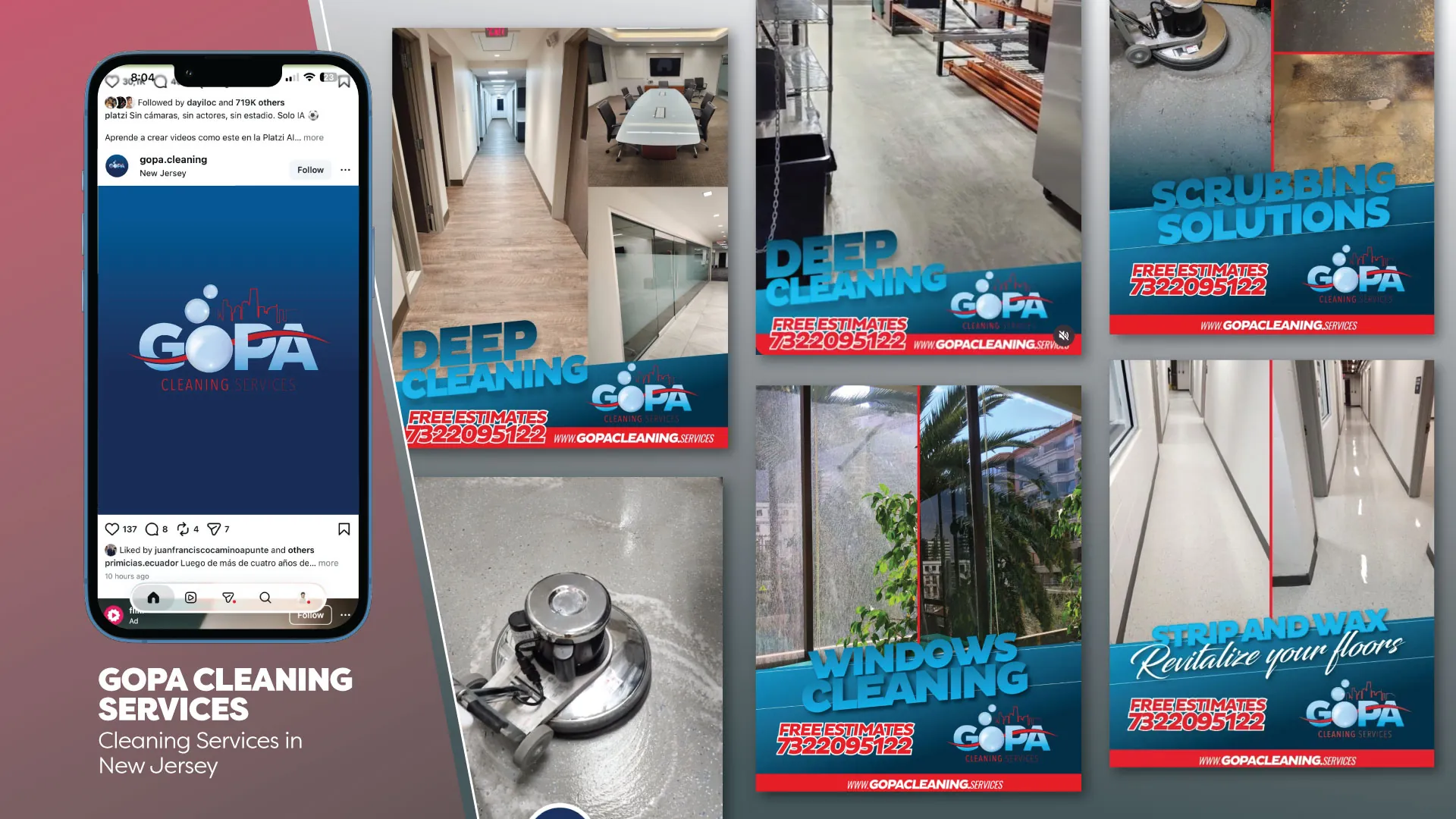 Artes y reels para redes sociales de Gopa Cleaning Services, empresa de limpieza comercial en New Jersey