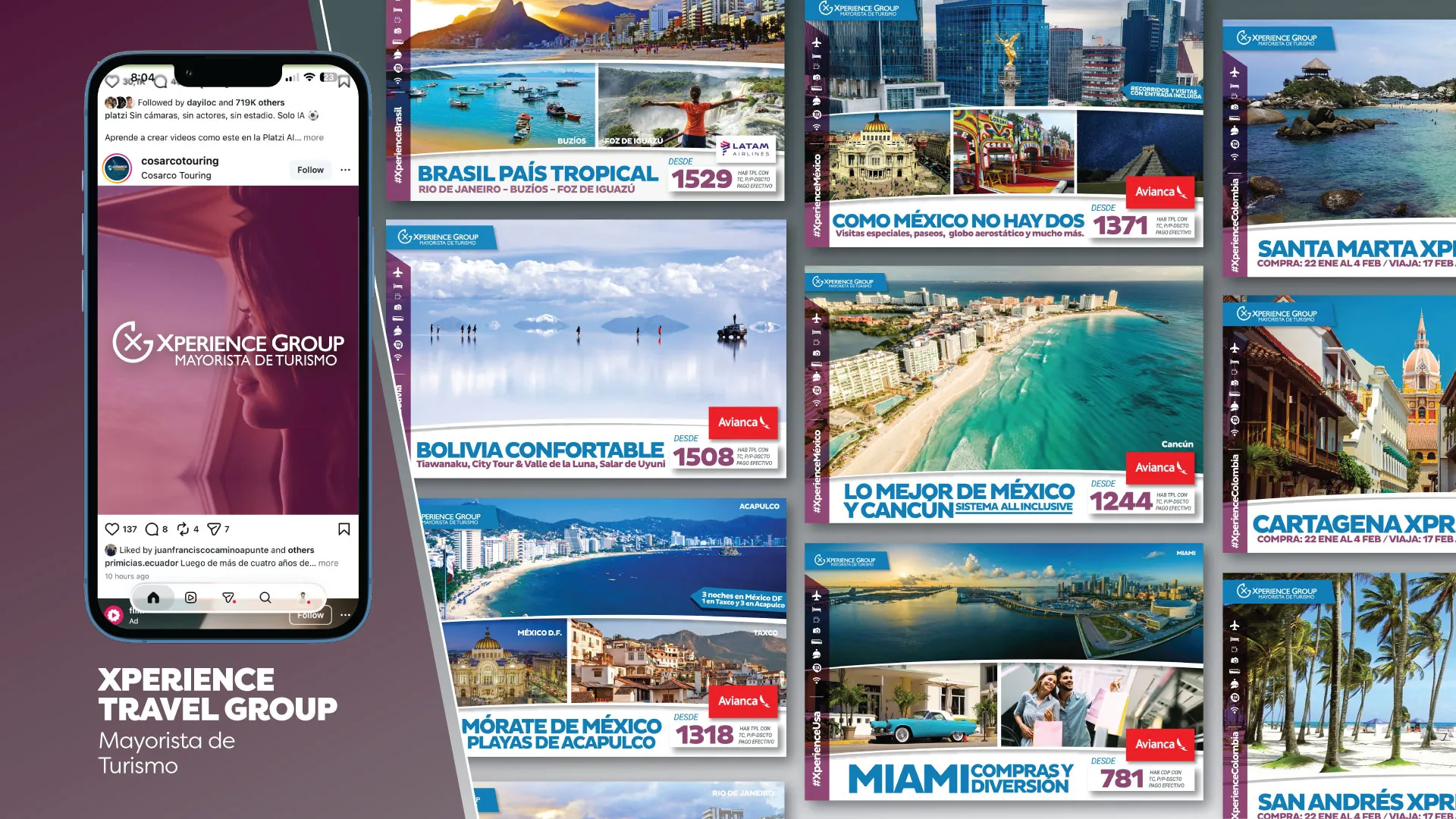Publicaciones de paquetes turísticos a Brasil, México y Colombia para las redes de Xperience Travel Group
