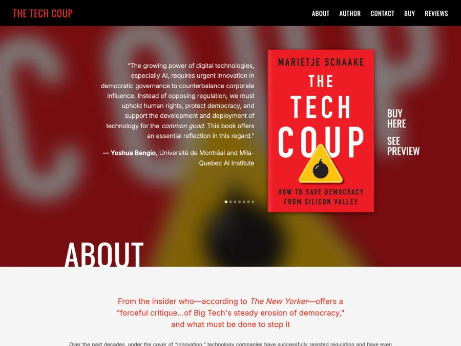 Captura de la portada del sitio web de The Tech Coup, libro de Marietje Schaake sobre tecnología y democracia