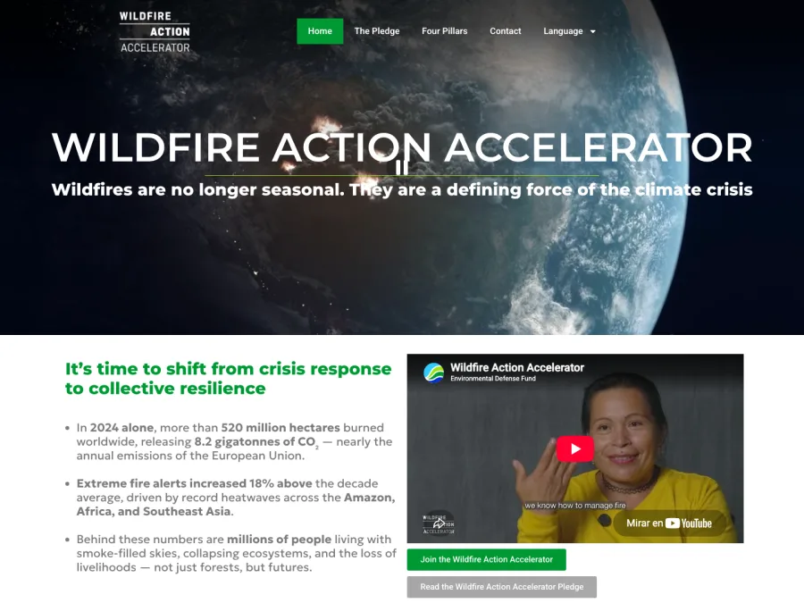 Captura de la portada del sitio web de Wildfire Action Accelerator, proyecto internacional